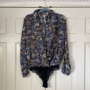 Free People Intimately collared long sleeve silk bodysuit